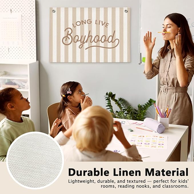 Long Live Boyhood Beige Striped Boys Room Decor - Linen Banner Wall Hanging Canvas Banner Flag Decor for Toddler Boy Bedroom Nursery Playroom