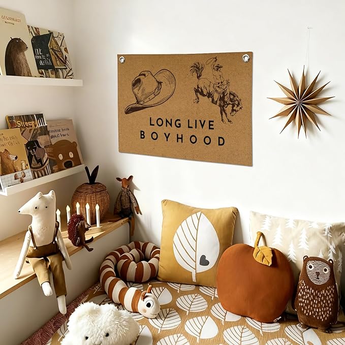 Vintage Western Long Live Boyhood Wall Hanging,Western Farmhouse Cowboy Banner Print,Cowboy Nursery Decor Boy,Retro Cowboy Wall Art for Boys Room Bedroom Home Farmhouse 30X20 Inch