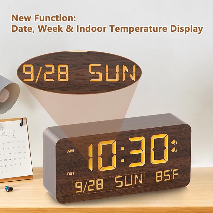 Wooden Digital Alarm Clock for Bedroom - Desk Clock with Date, Day of Week, Temperature, Dual Alarms, Dimmer, USB Port Charge, DST, Adjustable Volume for Living Room/Office Wood Decor (Brown)