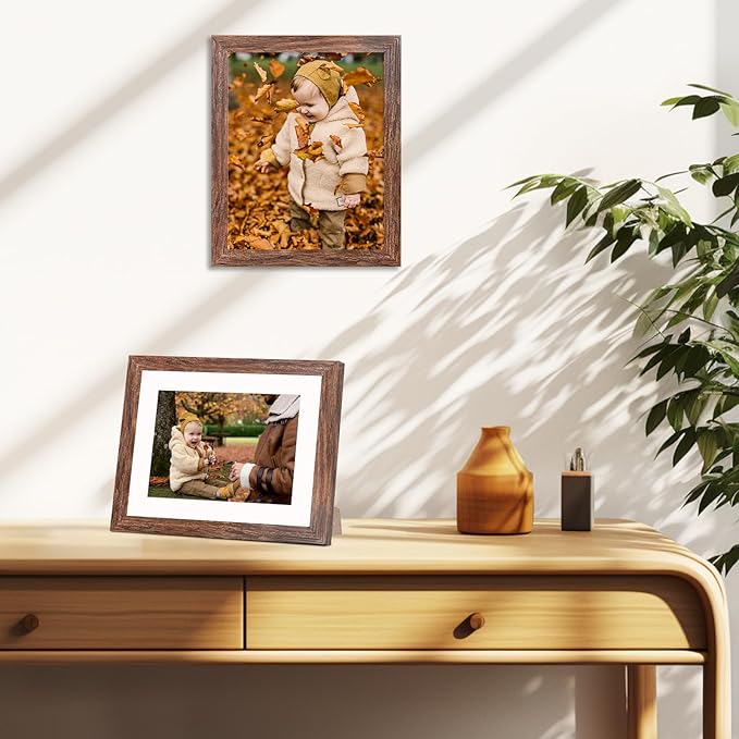 8x10 Picture Frame Set of 9, Display Pictures 5x7 with Mat or 8 x 10 Without Mat, Multi Photo Frames for Wall Mounting or Table Top Display, Rustic Brown