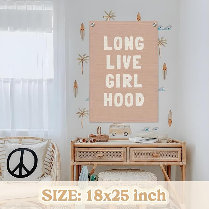 Long Live Girlhood Linen Canvas Banner, Girls Room Decor, Girls Nursery Decor, Nursery Playroom Wall Hanging Flag for Kids Bedroom Toddler Decorations Girl Room 18x25 Inch
