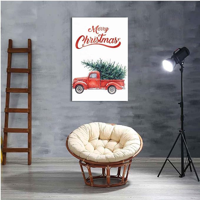 Framed Canvas Wall Art Christmas Truck Print Red Vintage Pickup Truck Christmas Tree Home Decor Holiday Wall Art Watercolor Painting 12x18in Wood Framed