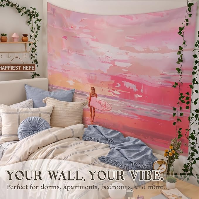 STHTTSW Pink Coastal Cowgirl Tapestry, Aesthetic Beach Tapestries Wall Blanket, Preppy Pink Girly Wall Hanging Decor for Teen Girl Women College Dorm Apartment Bedroom, 50x60 Inch