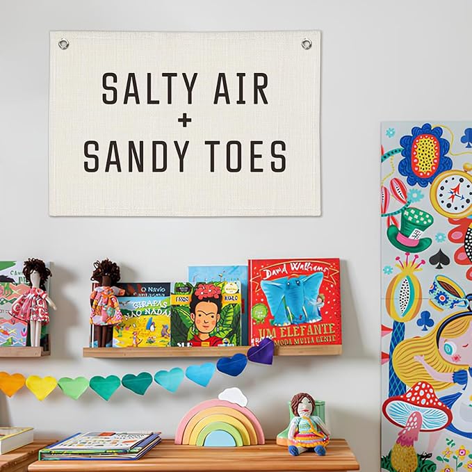 Summer Beach Room Decor, Retro Coastal Surf Banner, Salty Air Sandy Toes Linen Canvas Banner Wall Hanging Flag Decor for Nursery Playroom