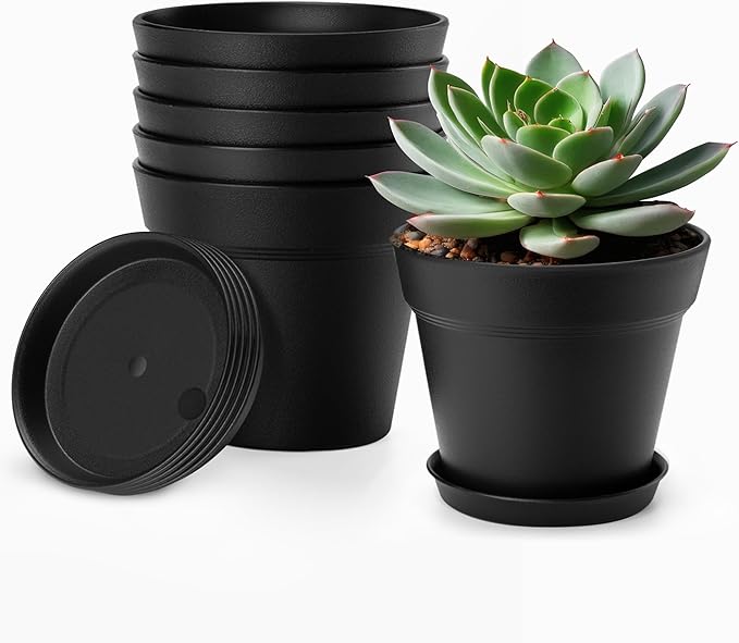 4 Inch Plastic Plant Pots 6 Pack, Small Flower Pots with Drainage Holes and Tray, Thickened Indoor Planters Seedlings Nursery Pots, African Violet, Succulent and All House Plants, Black