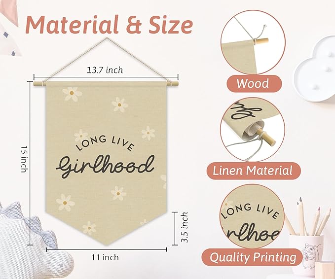 Girl Nursery Decor, Long Live Girlhood Linen Canvas Banner, Neutral Floral Wall Hanging Pennant Flag Banner for Girl Nursery Toddler Kids Room Bedroom Dorm Playroom Decor, 15x11in