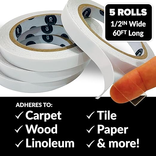 Clear Double-Sided Tape for Crafts, 1/2 Inch Wide Heavy-Duty Adhesive, Strong Sticky Thin Mounting Tape for Posters, Carpets, and Wall-Safe Use, 5 Rolls, 60ft Each, 300ft Total