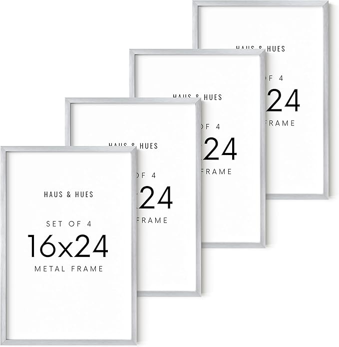 HAUS AND HUES 16x24 Silver Metal Picture Frames - Premium Aluminum with Vertical & Horizontal Hanging, Shatterproof Plexiglass - Perfect for Home or Office (16x24 in, Silver, Set of 4)