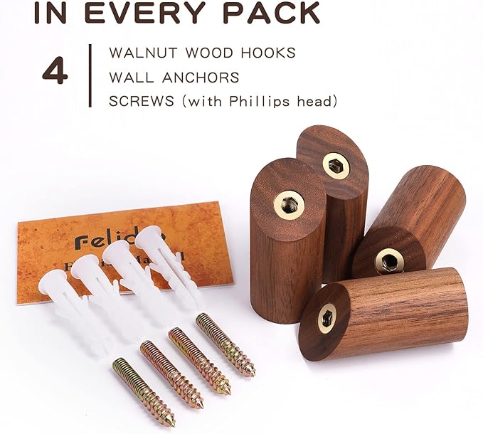Wall Hook 4 Pack, Wood Coat Hooks Hat Rack, Modern Wooden Hooks for Hanging Hats Coats Towels Planter, Entryway Wall Hanger (Walnut Wood)