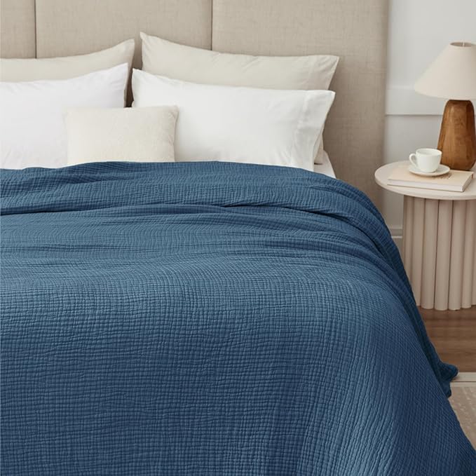 100% Cotton Muslin Blanket King 108" x 90", 6 Layers Breathable and Lightweight Cotton Throw Blanket for Bed, Soft Quilt Bedspread Coverlet, Gauze Blanket for Adults All Season, Blue