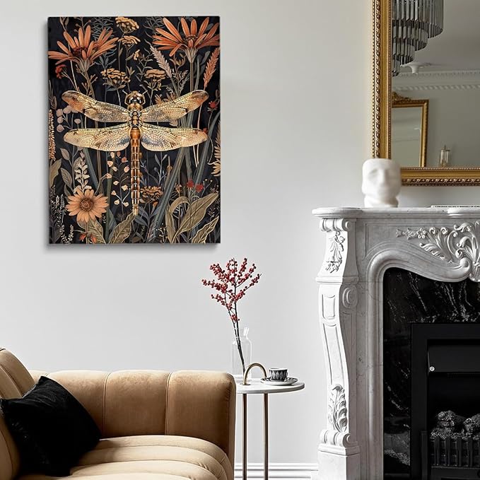 Dragonfly Canvas Wall Art,Moody Wall Art,William Morris Print,Aesthetic Wall Decor,Dark Cottagecore Art,Vintage Animal Dragonfly Posters Prints for Bathroom Farmhouse Decor 16x24in Unframed poster