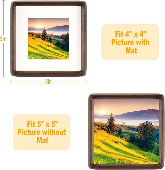 HELPLEX 5x5 Square Picture Frame – 2 Pack Solid Walnut Wood with Real Wood Back & HD Tempered Glass, 4x4 Matted or 5x5 Unmatted, Tabletop or Wall Display – Rustic Home Decor & Gift