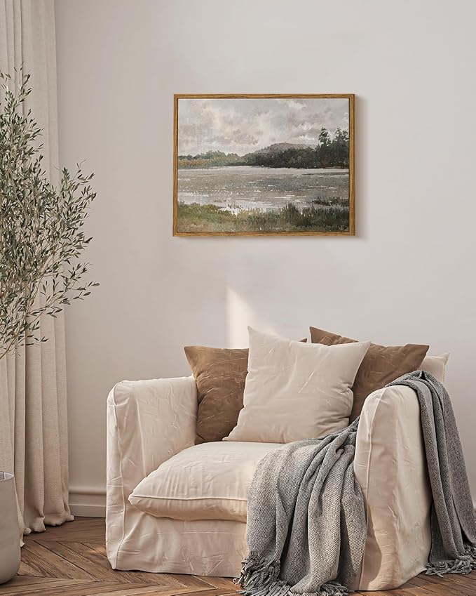 VIYYIEA Vintage Nature Framed Wall Art, Lakeside Landscape Paintings Art Decor Aesthetic, Canvas Print Artwork, Retro Scenery Wall Pictures for Bedroom Bathroom Office 11X14 Inch