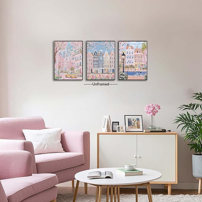 XLARTMY Watercolor City Landscape Travel Wall Art Canvas Framed Pink Cherry Flower Poster Girly Prints Painting Pictures Set of 3 for Bedroom Living Room Office 16x12in Unframed