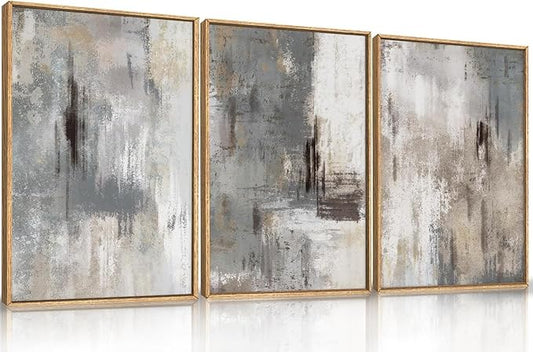 Large Abstract Grey and Beige Framed Canvas Wall Art,Neutral Brush Stroke Wall Decor,Natural Modern Color Block Artwork,Minimalist Nordic Art Print for Living Room,Bedroom,Office- 24"x36"x3