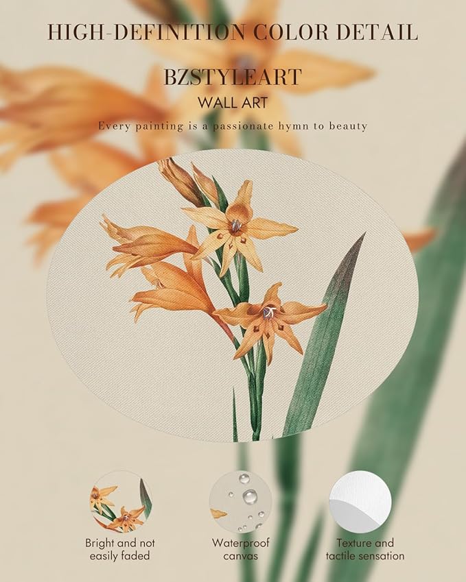Bzstyleart Vintage Wall Art Decor for Living Room,Gladiolus Yellow Flower Wall Art Botanical,Vintage Floral Botanical Prints,Gold Framed Artwork Room Decor Aesthetic for Bedroom,12 x 16 Inch