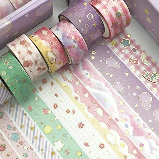 YUBX Creative Washi Tape Set 10 Rolls Gold Foil Print Decorative Masking Tapes for Arts, DIY Crafts, Journals, Planners, Scrapbook, Wrapping (Cute Sweety)