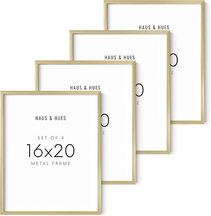 HAUS AND HUES 16x20 Gold Picture Frames - Modern Aluminum Gallery Set - Lightweight Frames for Posters and Artwork - Ready-to-Hang Vertically & Horizontally (Set of 4)