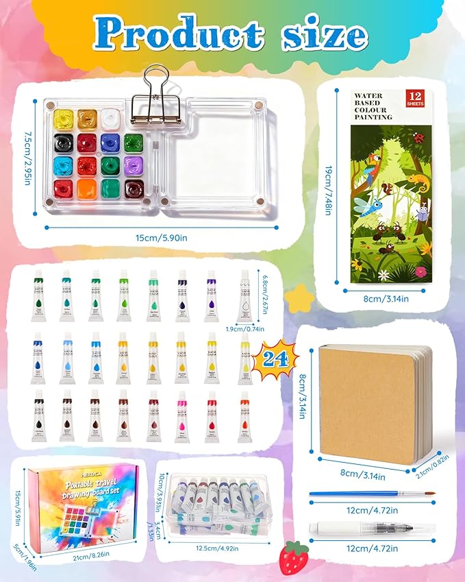Mini Watercolor Paint Set, Paint Palette Travel Kit, Pocket Watercolor Travel, Pocket Watercolor Set with 24 Colors Paint, Brush, Binder Clips, Sketchbook, collocation watercolor coloring book