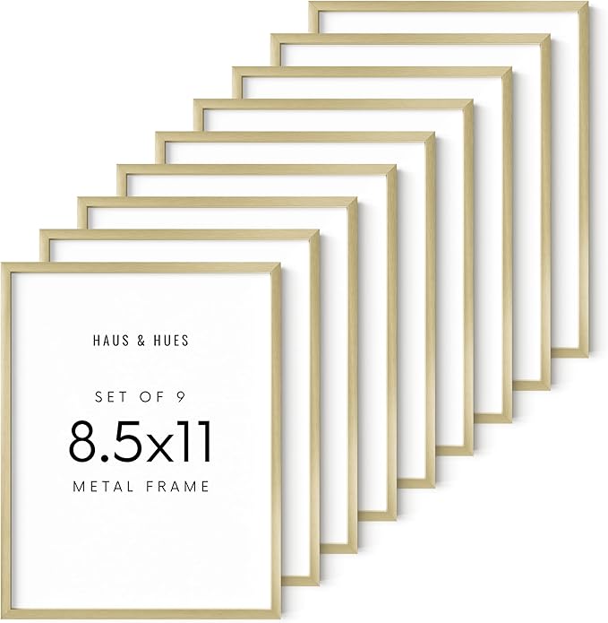 HAUS AND HUES 8.5x11 Gold Metal Picture Frames - Premium Aluminum with Vertical & Horizontal Hanging, Shatterproof Plexiglass - Perfect for Home, Office (8.5x11 in, Gold, Set of 9)