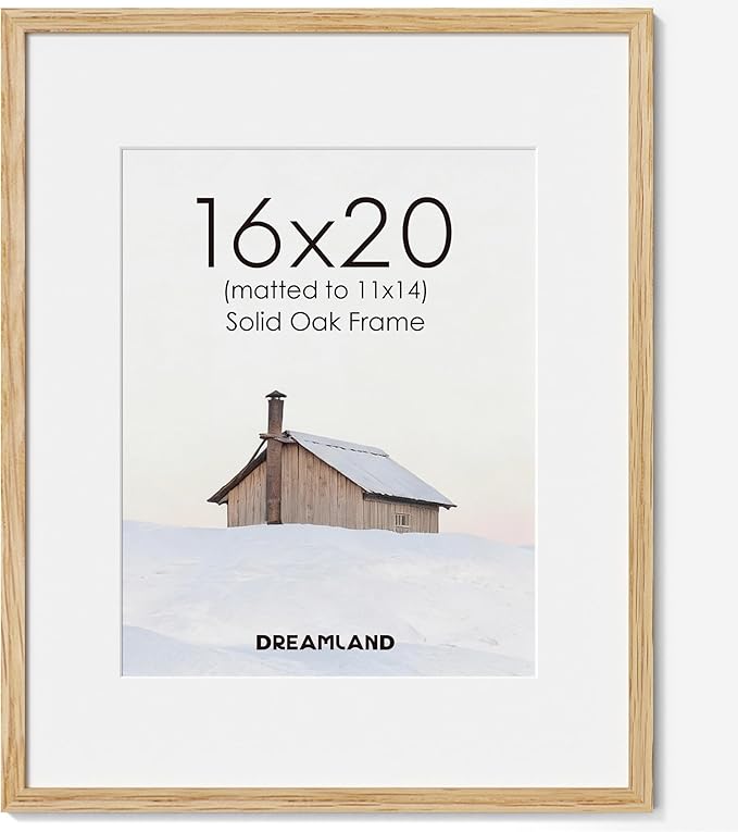 Dreamland 16x20 Picture Frame, Natural Oak Wood Photo Frame with Mat for 11x14, 16 x 20 Matted Picture Frames with Tempered Real Glass for Wall Art Photo and Prints, Oak Color, Set of 1
