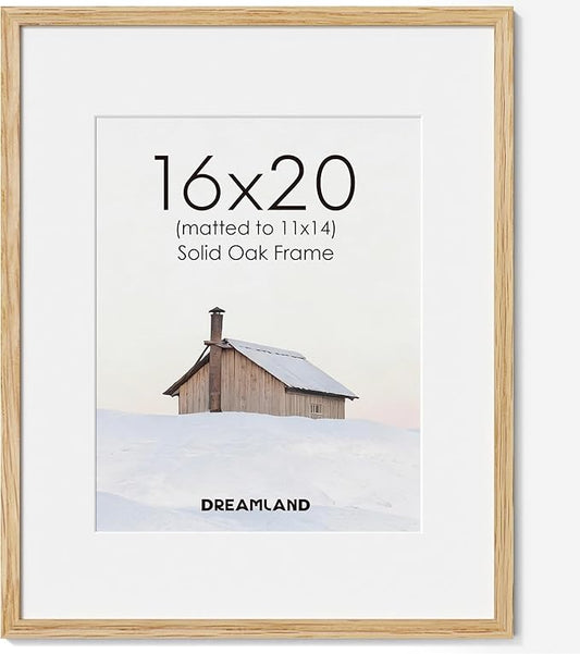 Dreamland 16x20 Picture Frame, Natural Oak Wood Photo Frame with Mat for 11x14, 16 x 20 Matted Picture Frames with Tempered Real Glass for Wall Art Photo and Prints, Oak Color, Set of 1