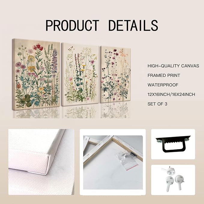 TUEASKY 3 Piece Colorful Wildflower Canvas Wall Art Vintage Flower Wall Art Watercolor Floral Decor Botanical Prints for Living Room Bedroom Office 12x16in Framed