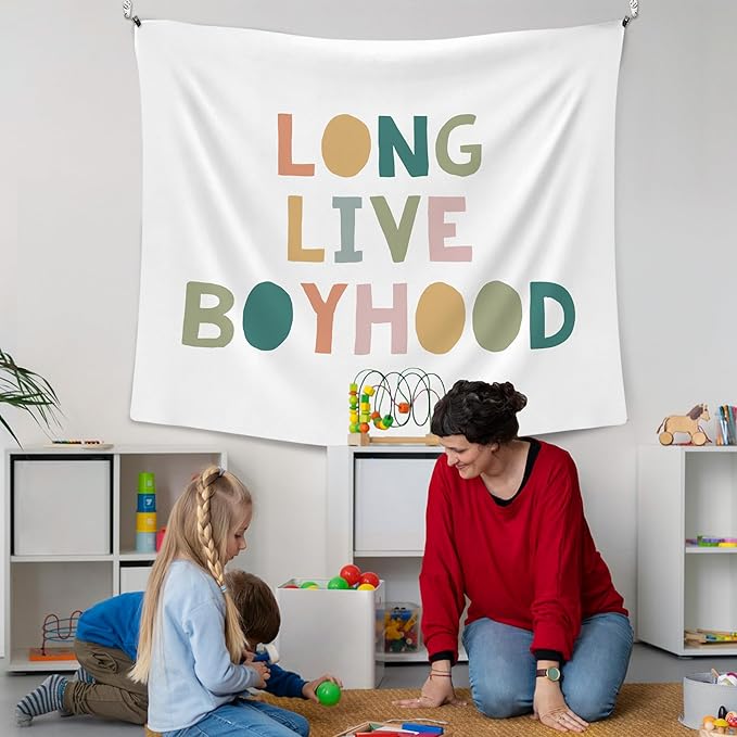 XLDLIOO Boho Classroom Tapestry, Long Live Boyhood Wall Tapestry, Boho Classroom Decor, Inspirational Wall Decor Art for Kids Boys Toddler Nursery Room Playroom, 50x60in