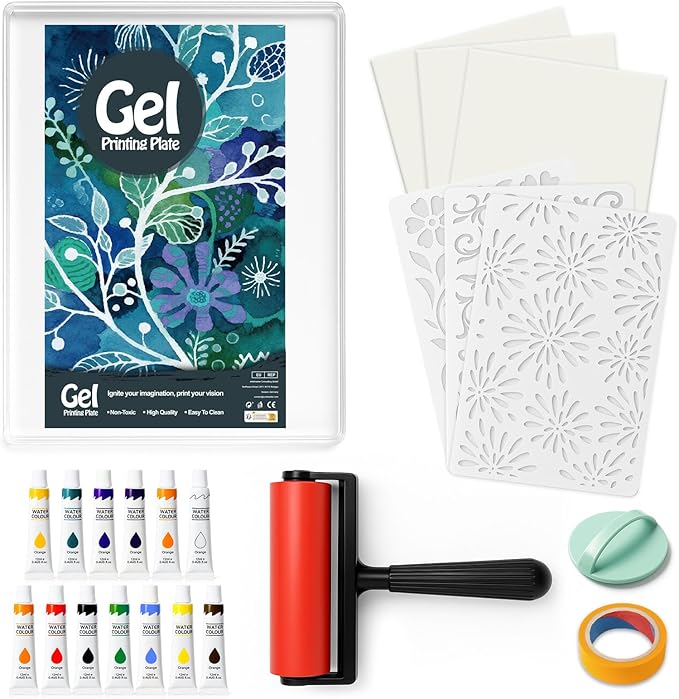 INNOVAYOU 5 * 7inch Gel Plate Kit, Set with Gel Printing, Rubber Roller, Watercolor Paints, Stencils, Printing Paper, Rollers and Baren, Suitable for Card Making, Arts and Crafts, Scrapbooking, Diary