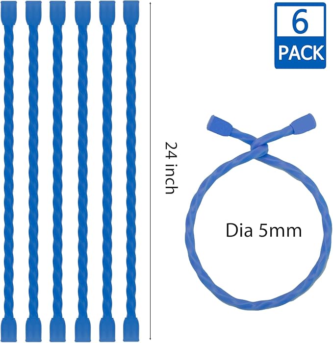 Gesipor 6 PCS 24-Inch Silicone Cable Ties Dia 5mm Reusable Steel-Core Rubber Twist Ties Bendable Cable Ties for Bundling and Holding, All Purpose Cord Tie for Indoor and Outdoor (Blue)