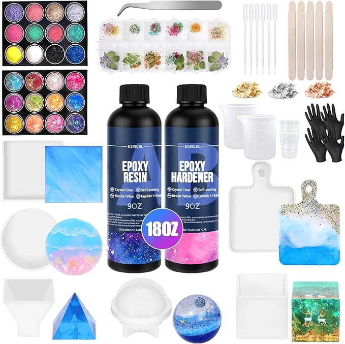 KISREL Epoxy Resin Kit for Beginners, Resin Kit with Molds, 18OZ Epoxy Kit with Dried Flowers, Measuring Cups and Resina Supplies