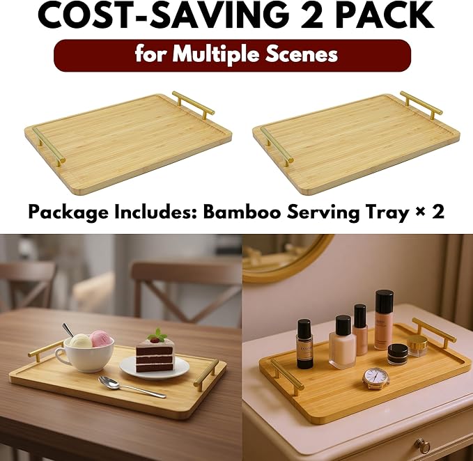 2 Pack Bamboo Serving Tray with Handles, 15.8×11.4“ Solid Wooden Tray for Food, Rectangular Tray for Ottoman, Coffee Table, Living Room