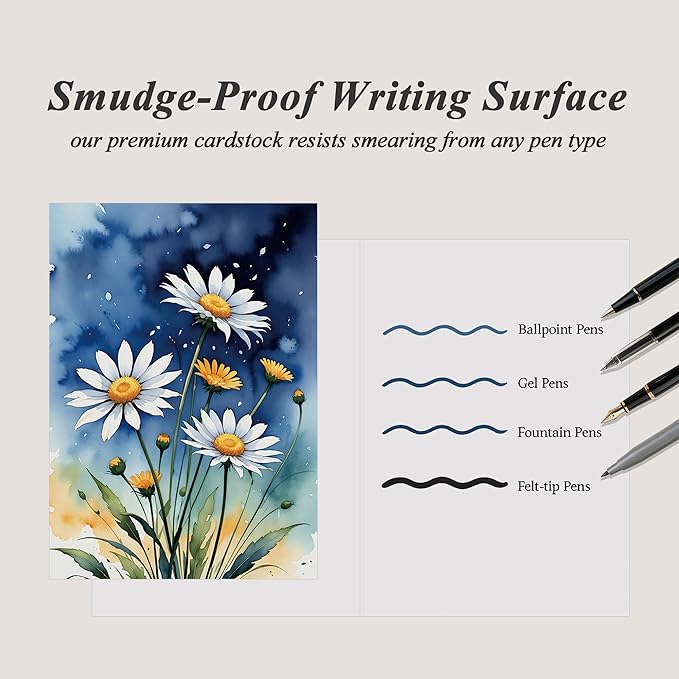 Elegant Blank Inside Greeting Card with Envelope, 5x7 Inch Watercolor Daisy Greeting Card for All Occasions - Birthday, Sympathy, Thank You - Single Card