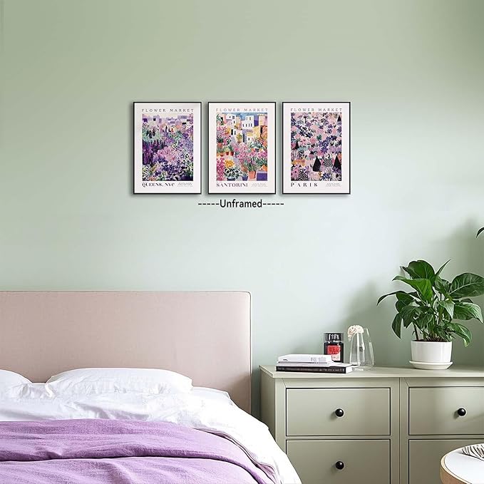 XLARTMY Flower Market Wall Art Prints Canvas Purple and Pink Floral Paintings Colorful Botanical Travel Flower Posters for Home Decor Pictures Set of 3 for Living Room Bedroom 12x16in Unframed