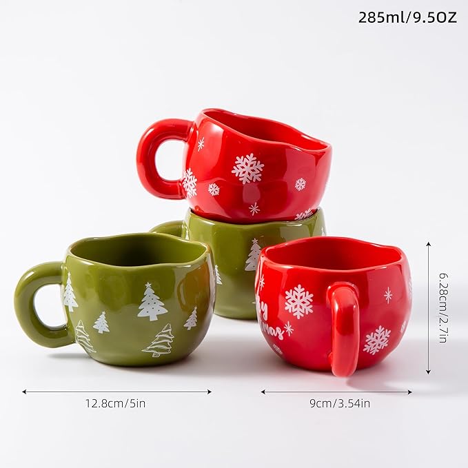 4pcs Cute Ceramic Coffee Mug, 9.4OZ Handmade Porcelain Tea Mugs, Ceramic Cup Sets for Matcha, Dishwasher & Microwave Safe, Christmas Gift(Christmas Tree)