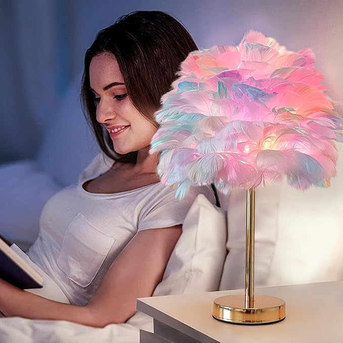 ZYLEIESENBAO Colorful Feather Lamp Creative Teen Feather Table Lamp Romantic Cute Girl Bedside Lamp Nightstand Light Pretty Fluffy Desk Lamp for Wedding Deco Bedroom Living Room Entryway Hotel