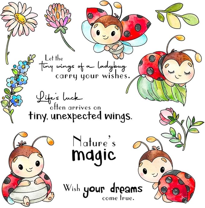 Ladybug Flower Stamps and Cutting Dies for Card Making DIY Transparent Silicone Clear Stamp and Metal Die Cuts Sets for Scrapbooking Paper Greeting Cards Decor Seals Craft Supplies