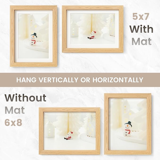 6x8 Picture Frame, USA-Sourced Natural Oak Wood Photo Collage Frame with HD Tempered Glass, Modern Simple 6 x 8 Wooden Frame Matted to 5x7, Gallery Wall Frames for Art, Wall or Tabletop Display