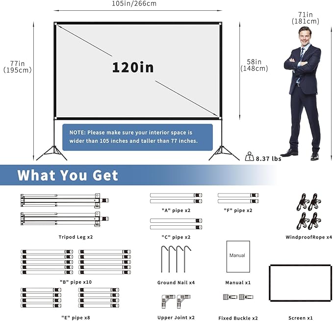 Projector Screen with Stand 120 Inch, 16:9 4K HD Portable Projector Screen Indoor Outdoor, Foldable Wrinkle-Free Movie Screen 160° Front Rear Projection Screen with Carry Bag for Home Movie