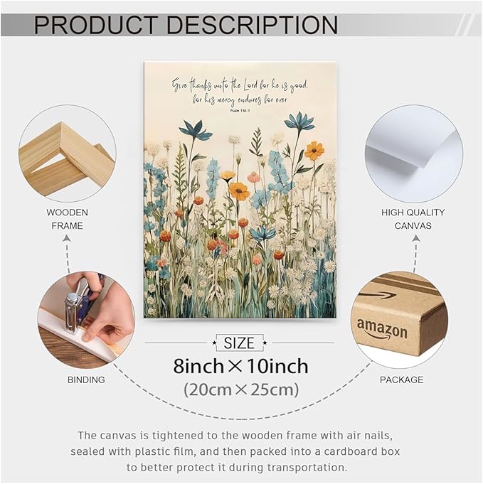 Religious Christian Wildflower Wall Art Bible Verse Scripture Poster Vintage Botanical Canvas Prints 08x10 inch Framed for Apartment Bedroom Gallery Wall Decor