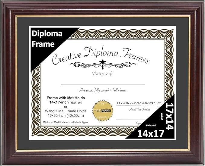 Creative Picture Frames 14x17 Mahogany Gold Rim Diploma Frame with Black Mat Glass and Installed Wall Hangers | Frame Holds 16x20 Media without Mat