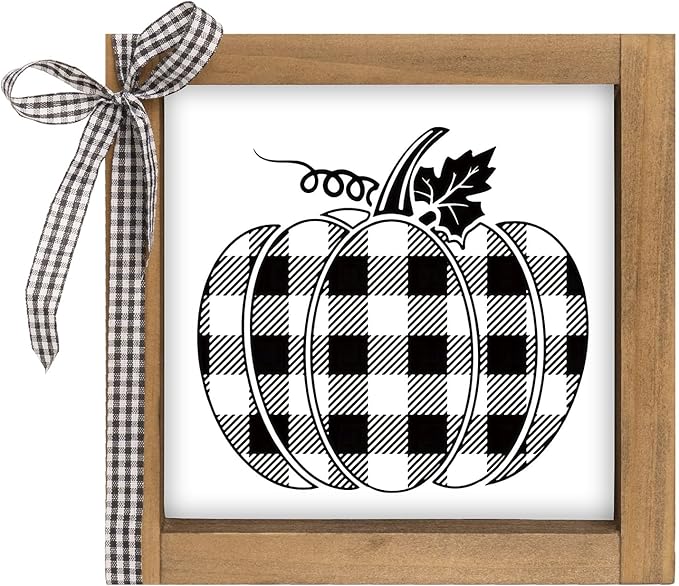 Black and White Checkered Pumpkin Sign, Wooden Fall Halloween Thanksgiving Decorative Signage Plaques Decor, Indoor Table Shelf Tiered Tray Desk Wall Art Rustic Farmhouse Home Decorations