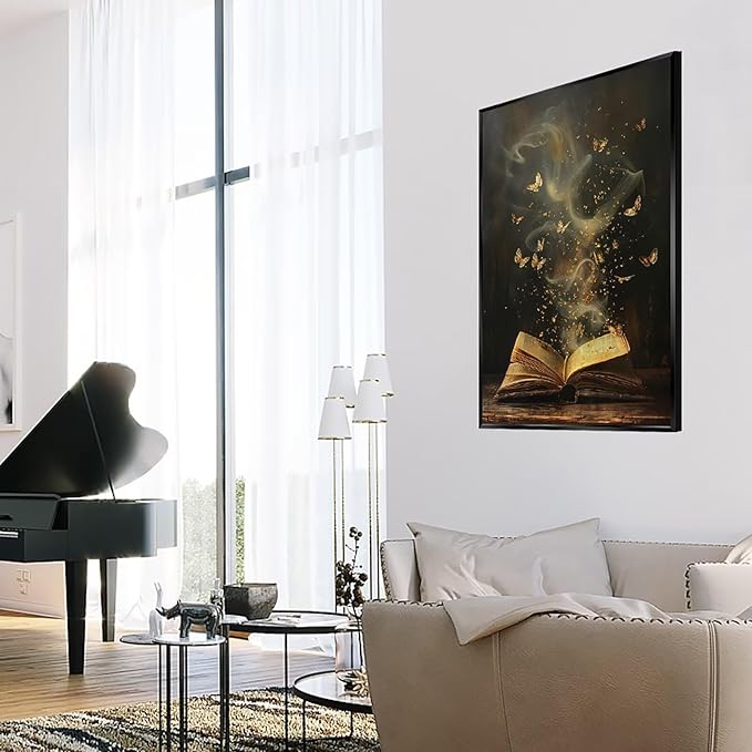 Whimsical Enchanted Open Book Wall Art Vintage Golden Butterflies Aesthetic Poster Print Funny Mystical Smoke Canvas Picture Decor for Office Bedroom Living Room Apartment 12x16inch Metal Black Framed