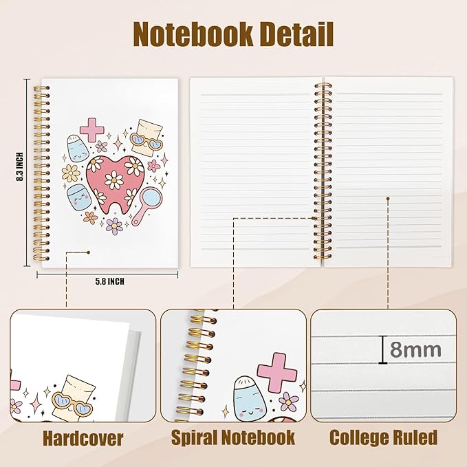 WUCHJ Dental Gifts Notebook, Dental Hygienist Assistant Journal, Retro Pink Floral Tooth Spiral Notebook Journal for Note Taking, Dentist Office Supplies, 5.5x8.3 Inch