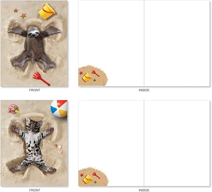 The Best Card Company - 20 Bulk Box Animal Note Cards Blank (4 x 5.12 Inch) - Funny Wildlife Assorted Notecard Pack with Envelopes (10 Designs, 2 Each) - Sand Angels AM6844OCB-B2x10