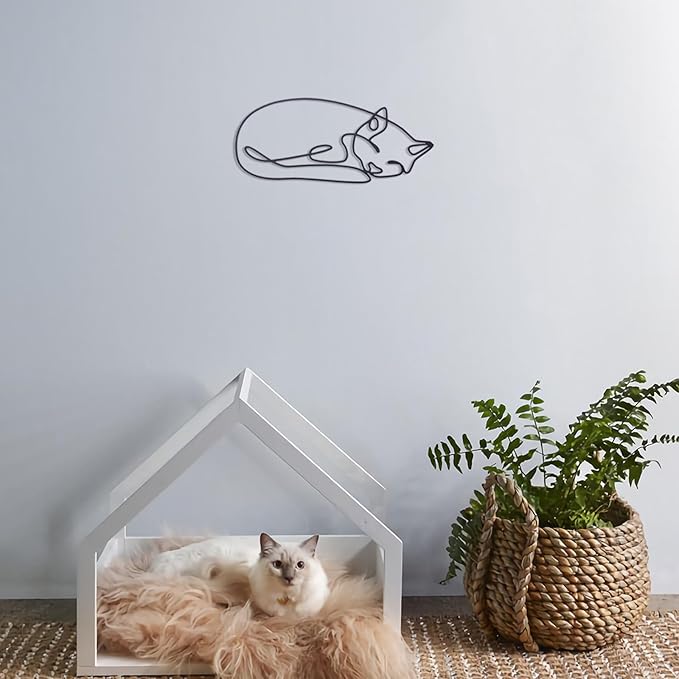TYLCC Black Metal Cat Wall Decor Minimalist Abstract Cat Wall Art Line Drawing Art for Living Room Bedroom Decorations (Sleeping)