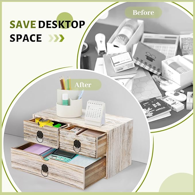 Wood Desk Organizer with Drawer, Vintage Brown Wooden Desktop Organizer, Tabletop Storage Organization Box for Countertop, Home Office Supplies (3 Drawer)