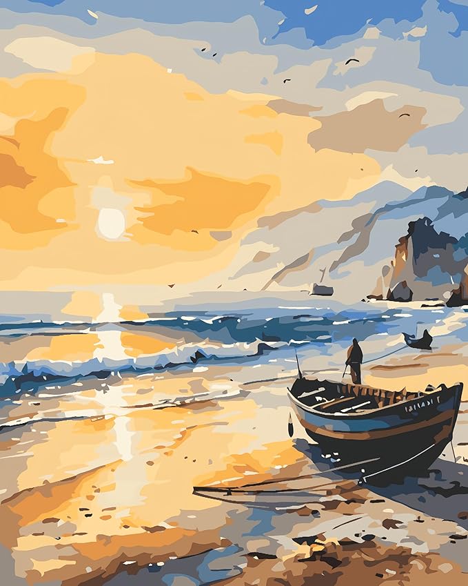 Painting by Numbers Kit for Adults Beginner,Sunset Seascape Color by Numbers for Adults,Boat Adult Paint by Number Kits on Canvas,Paint by Numbers Easy Oil Painting for Home Wall Decor 15.7X19.7 Inch