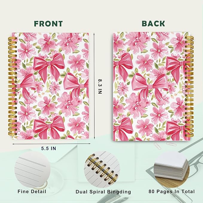 Coquette Pink Bow Floral Spiral Notebook For Women, Maximalist Journaling Notebooks, Cute Pink Notebook Journal, Pink Office Supplies, Hardcover Spiral Lined Notebook 5.5 x 8.3