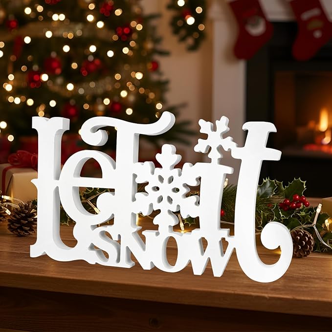 Let It Snow Decorations, Snow Wooden Christmas Table Centerpiece Sign, Tiered Tray Decor for Xmas Winter Holiday Home Decor (White)